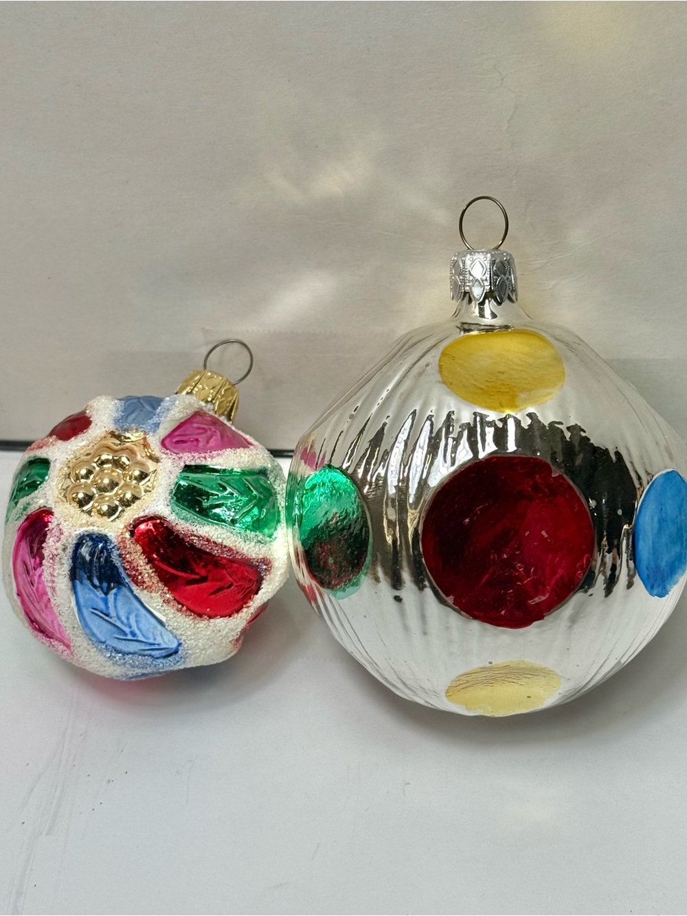2 Vintage Mercury Glass Christmas Tree Ornament West Germany Multi Indent Mica